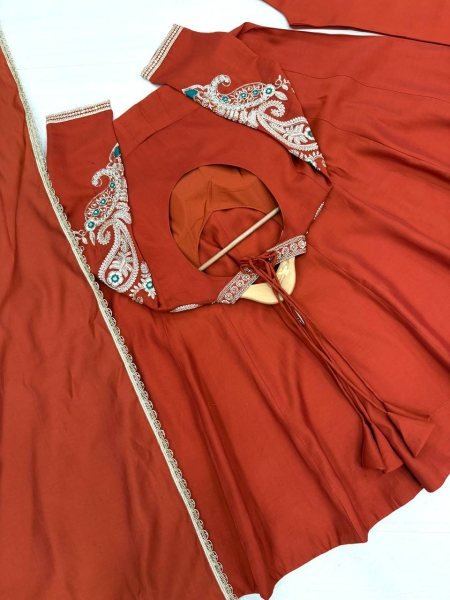 Creative Rust Premium Roman Silk Gown with Cutdana Beads Work at Wholesale Rate Ready To Wear Collection