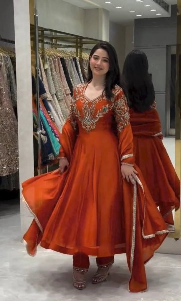 Creative Rust Premium Roman Silk Gown with Cutdana Beads Work at Wholesale Rate Ready To Wear Collection