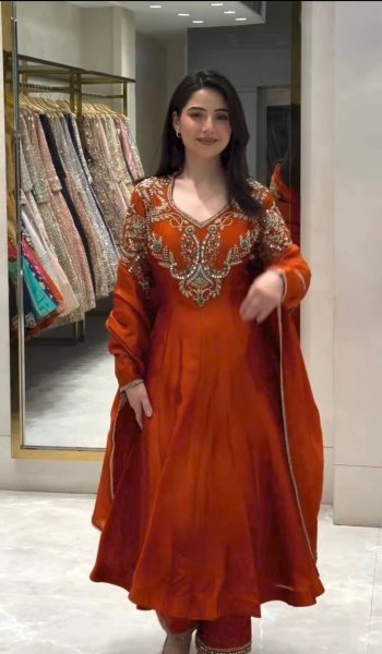 Creative Rust Premium Roman Silk Gown with Cutdana Beads Work at Wholesale Rate Ready To Wear Collection