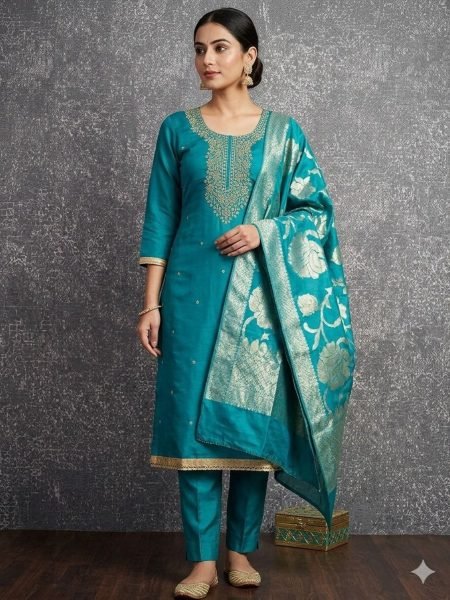 Creative Sky Blue Roman Silk Embroidered Dress Material with Jacquard Dupatta 