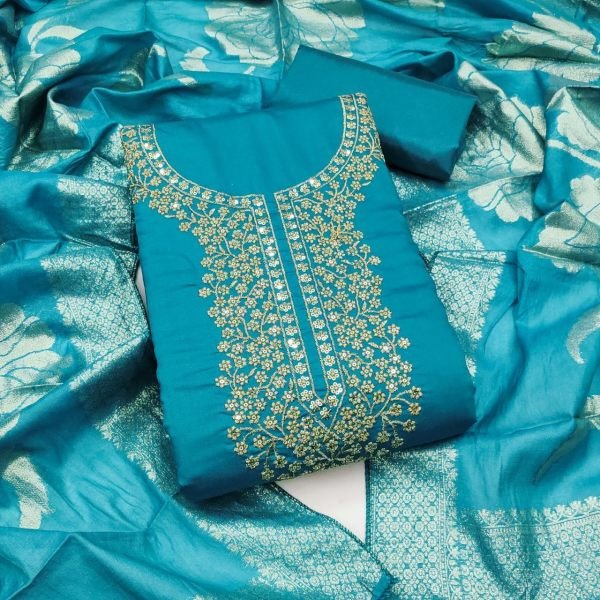 Creative Sky Blue Roman Silk Embroidered Dress Material with Jacquard Dupatta Color Set Matching Dress Material Wholesale