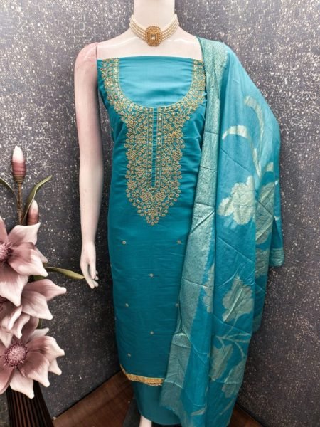 Creative Sky Blue Roman Silk Embroidered Dress Material with Jacquard Dupatta Color Set Matching Dress Material Wholesale