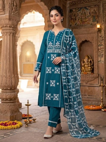 Creative Teal Blue Fancy Embroidery Work Cotton Suit for Boutique and Reseller Buyers Cotton Kurtis Wholesale