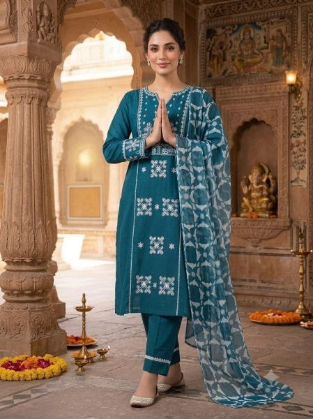 Creative Teal Blue Fancy Embroidery Work Cotton Suit for Boutique and Reseller Buyers Cotton Kurtis Wholesale