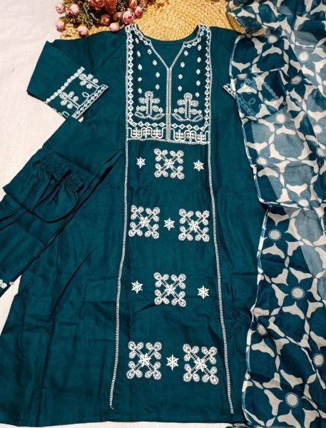 Creative Teal Blue Fancy Embroidery Work Cotton Suit for Boutique and Reseller Buyers Cotton Kurtis Wholesale
