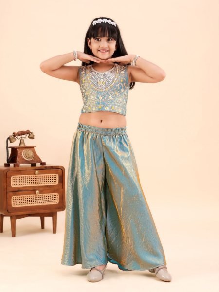 Creative Teal Designer Girls Sleeveless Embroidered Top with Matching Palazzo Girls Wear