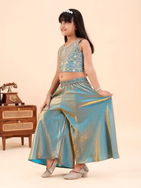 Creative Teal Designer Girls Sleeveless Embroidered Top with Matching Palazzo Girls Wear