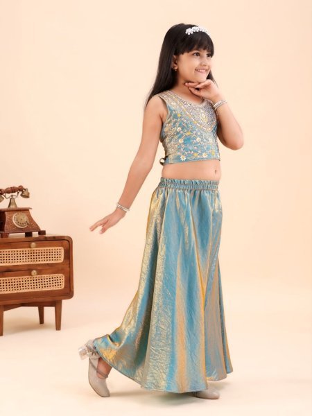 Creative Teal Designer Girls Sleeveless Embroidered Top with Matching Palazzo Girls Wear