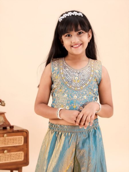 Creative Teal Designer Girls Sleeveless Embroidered Top with Matching Palazzo Girls Wear