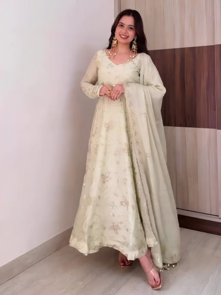 Creative White Fendy Silk Gown Pant Dupatta Set with Heavy Sequin Embroidery at Manufacturer  
