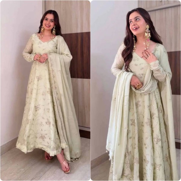 Creative White Fendy Silk Gown Pant Dupatta Set with Heavy Sequin Embroidery at Manufacturer  Ready To Wear Collection