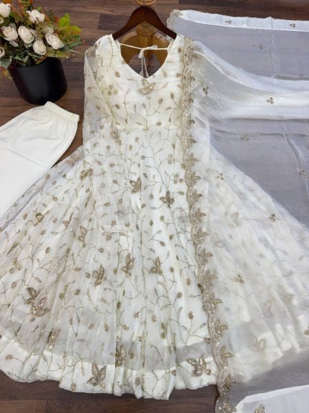 Creative White Fendy Silk Gown Pant Dupatta Set with Heavy Sequin Embroidery at Manufacturer  Ready To Wear Collection