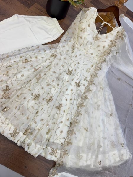 Creative White Fendy Silk Gown Pant Dupatta Set with Heavy Sequin Embroidery at Manufacturer  Ready To Wear Collection