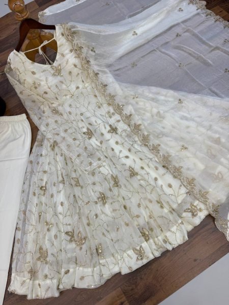 Creative White Fendy Silk Gown Pant Dupatta Set with Heavy Sequin Embroidery at Manufacturer  Ready To Wear Collection