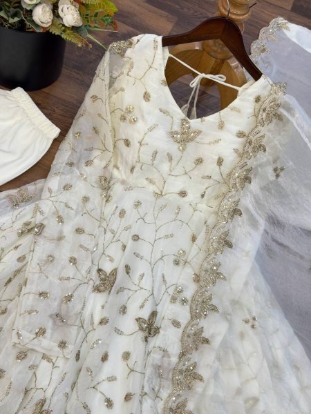 Creative White Fendy Silk Gown Pant Dupatta Set with Heavy Sequin Embroidery at Manufacturer  Ready To Wear Collection