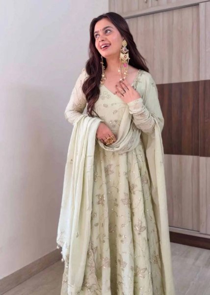 Creative White Fendy Silk Gown Pant Dupatta Set with Heavy Sequin Embroidery at Manufacturer  Ready To Wear Collection