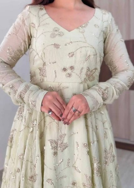 Creative White Fendy Silk Gown Pant Dupatta Set with Heavy Sequin Embroidery at Manufacturer  Ready To Wear Collection