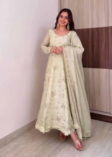 Creative White Fendy Silk Gown Pant Dupatta Set with Heavy Sequin Embroidery at Manufacturer  Ready To Wear Collection