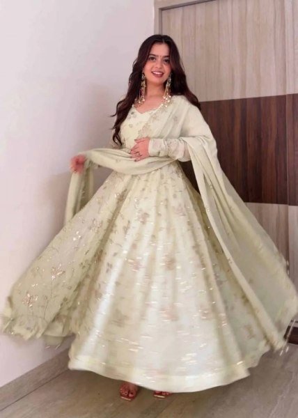 Creative White Fendy Silk Gown Pant Dupatta Set with Heavy Sequin Embroidery at Manufacturer  Ready To Wear Collection