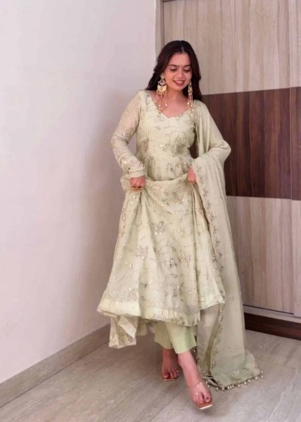 Creative White Fendy Silk Gown Pant Dupatta Set with Heavy Sequin Embroidery at Manufacturer  Ready To Wear Collection
