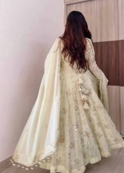 Creative White Fendy Silk Gown Pant Dupatta Set with Heavy Sequin Embroidery at Manufacturer  Ready To Wear Collection