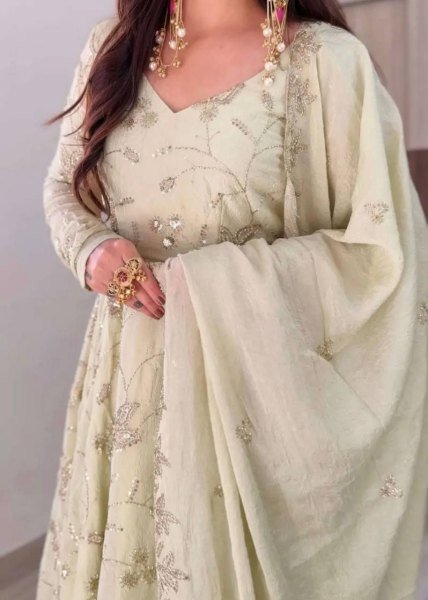 Creative White Fendy Silk Gown Pant Dupatta Set with Heavy Sequin Embroidery at Manufacturer  Ready To Wear Collection