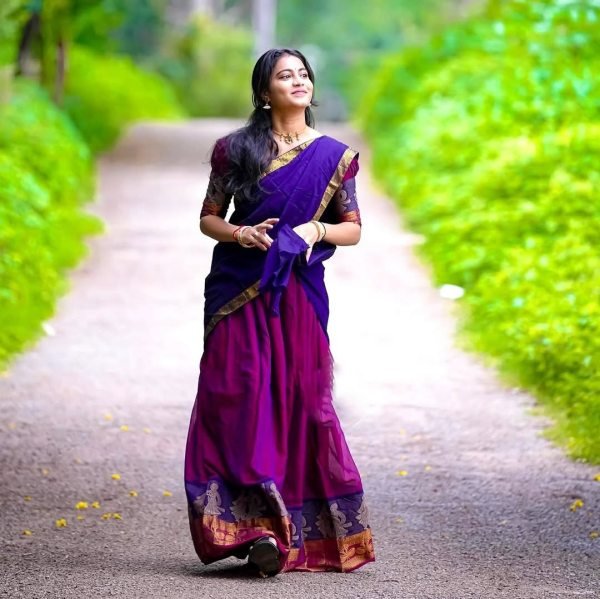Creative Wine Magenta Kanchi Cotton Lehenga Choli with Rich Zari Woven Design Half Saree Lehenga