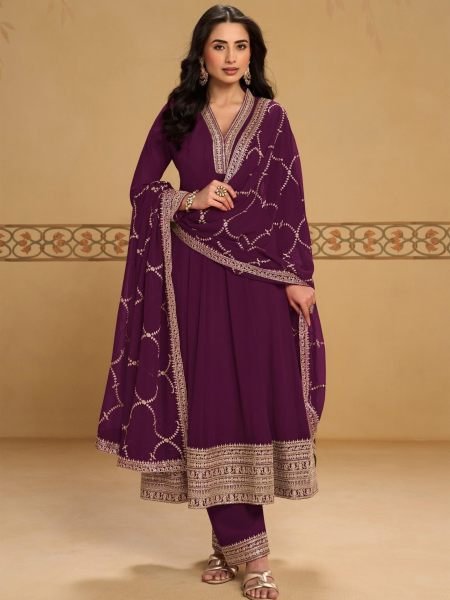 Creative Wine Real Georgette Mehfil Suit Set with Front and Back Embroidery at Wholesale Rate 