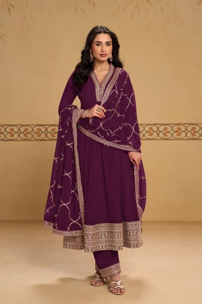 Creative Wine Real Georgette Mehfil Suit Set with Front and Back Embroidery at Wholesale Rate Anarakali Gown Wholesale