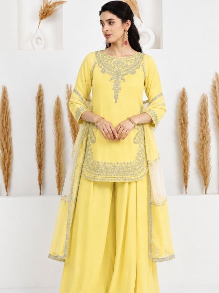Creative Yellow Embroidered Palazzo Collection with Organza Dupatta Ready To Wear Suit