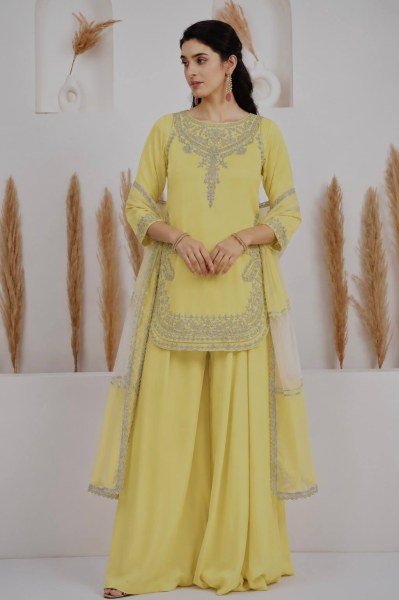 Creative Yellow Embroidered Palazzo Collection with Organza Dupatta Ready To Wear Collection