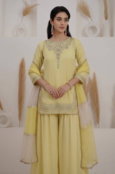 Creative Yellow Embroidered Palazzo Collection with Organza Dupatta Ready To Wear Collection