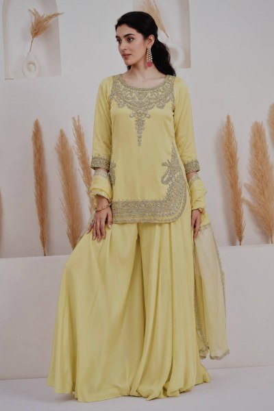 Creative Yellow Embroidered Palazzo Collection with Organza Dupatta Ready To Wear Collection
