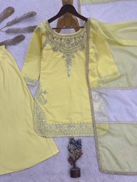Creative Yellow Embroidered Palazzo Collection with Organza Dupatta Ready To Wear Collection