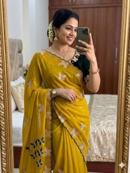 Creative Yellow Lightweight Embroidered Saree for Party and Casual Wear Embroidery Sarees Wholesale