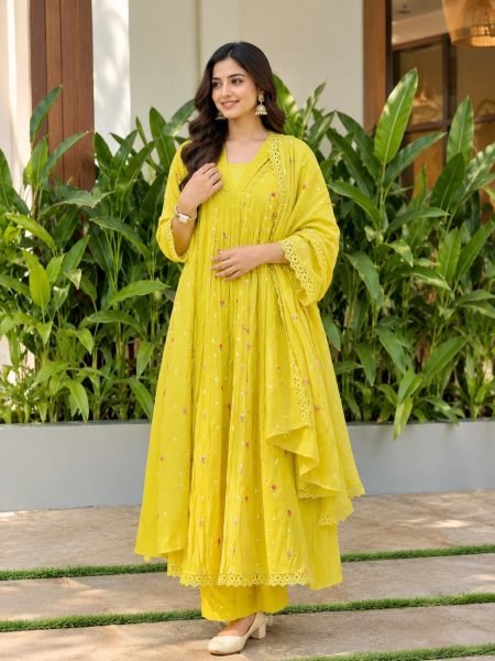 Creative Yellow Pure Mal Chanderi Anarkali Kurta Pant Dupatta Set with Bracelet Kurtis