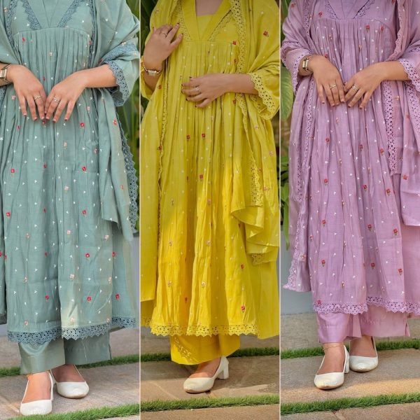 Creative Yellow Pure Mal Chanderi Anarkali Kurta Pant Dupatta Set with Bracelet Anarkali Kurtis 