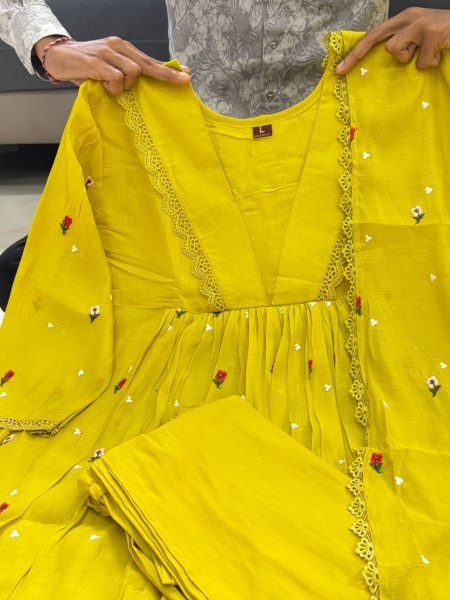 Creative Yellow Pure Mal Chanderi Anarkali Kurta Pant Dupatta Set with Bracelet Anarkali Kurtis 