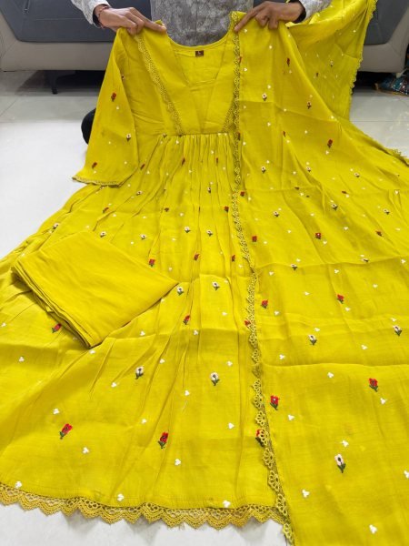Creative Yellow Pure Mal Chanderi Anarkali Kurta Pant Dupatta Set with Bracelet Anarkali Kurtis 