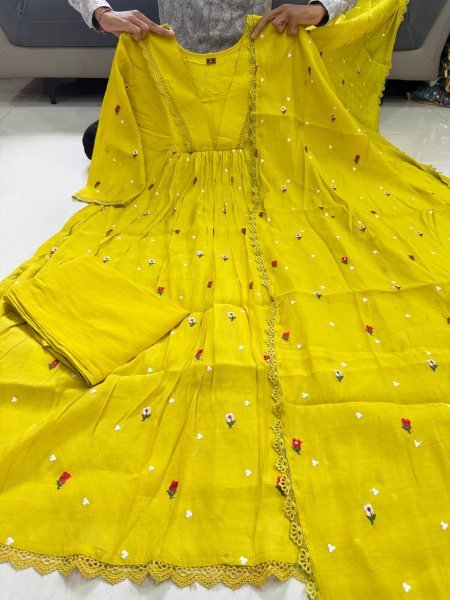 Creative Yellow Pure Mal Chanderi Anarkali Kurta Pant Dupatta Set with Bracelet Anarkali Kurtis 
