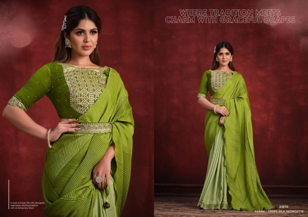 Crepe Silk Georgette Zari And Stone Work Fancy Party Wear Saree With Belt Bollywood Fancy Sarees Wholesale
