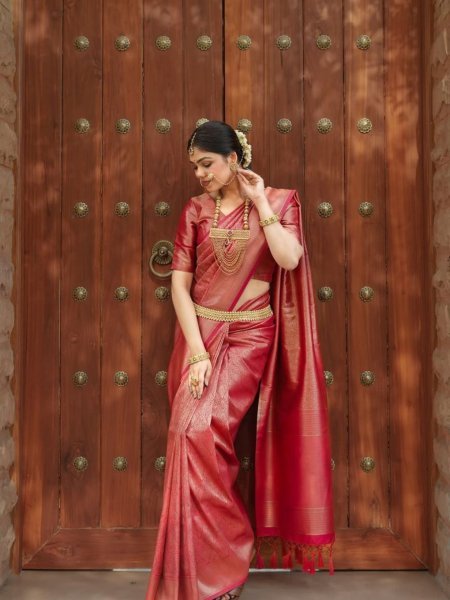 Crimson Charm Banarasi Silk Saree with Golden Butta Best for Weddings Sarees 
