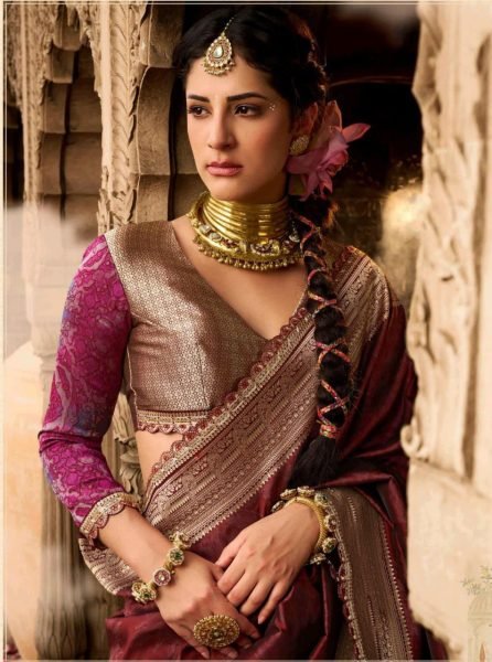 Crimson Maroon Banarasi Silk Saree with Gold Zari Highlights and Designer Blouse Banarasi Saree Wholesale