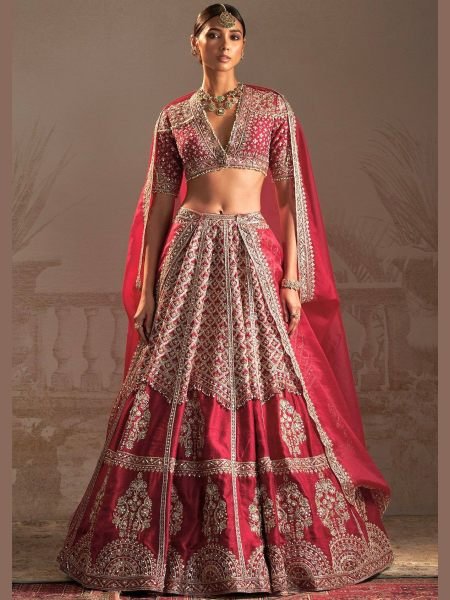 Crimson Red Muga Silk Lehenga with Rich Zari and Sequins Embroidery For Bridal Wear  Lehenga