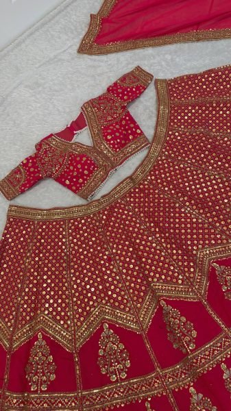 Crimson Red Muga Silk Lehenga with Rich Zari and Sequins Embroidery For Bridal Wear Bridal Lehenga Choli