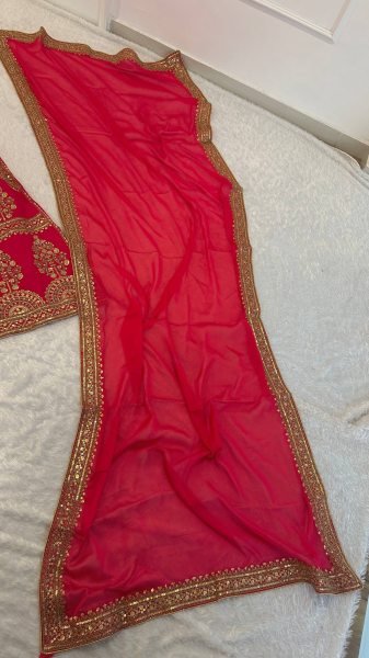 Crimson Red Muga Silk Lehenga with Rich Zari and Sequins Embroidery For Bridal Wear Bridal Lehenga Choli