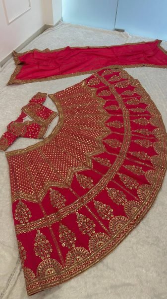 Crimson Red Muga Silk Lehenga with Rich Zari and Sequins Embroidery For Bridal Wear Bridal Lehenga Choli