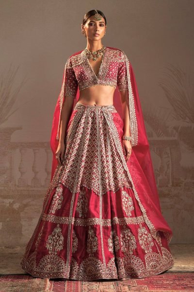 Crimson Red Muga Silk Lehenga with Rich Zari and Sequins Embroidery For Bridal Wear Bridal Lehenga Choli
