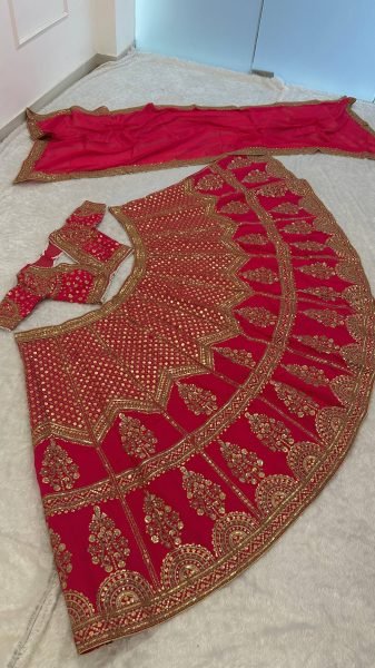 Crimson Red Muga Silk Lehenga with Rich Zari and Sequins Embroidery For Bridal Wear Bridal Lehenga Choli