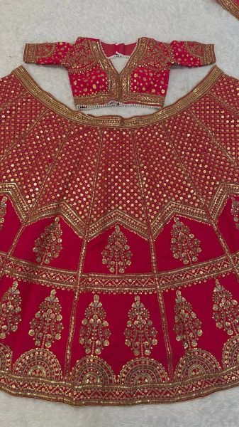 Crimson Red Muga Silk Lehenga with Rich Zari and Sequins Embroidery For Bridal Wear Bridal Lehenga Choli